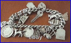 VINTAGE STERLING SILVER CURB LINK 17 CHARM BRACELET + HEART LOCK 17cms. #qq