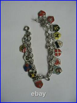 VTG 14 CHARM BRACELET WORLD TRAVELER'S SHIELDS ENAMEL & 835 SILVER 20g