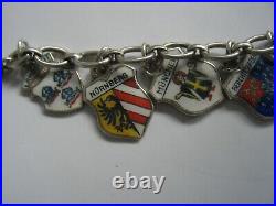 VTG 14 CHARM BRACELET WORLD TRAVELER'S SHIELDS ENAMEL & 835 SILVER 20g