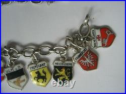 VTG 14 CHARM BRACELET WORLD TRAVELER'S SHIELDS ENAMEL & 835 SILVER 20g