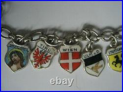 VTG 14 CHARM BRACELET WORLD TRAVELER'S SHIELDS ENAMEL & 835 SILVER 20g