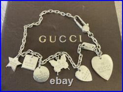 Very Rare Genuine Gucci Delicate Silver Charm Bracelet & 6 Charms Pouch & Box