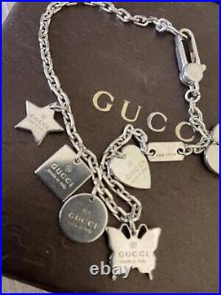 Very Rare Genuine Gucci Delicate Silver Charm Bracelet & 6 Charms Pouch & Box