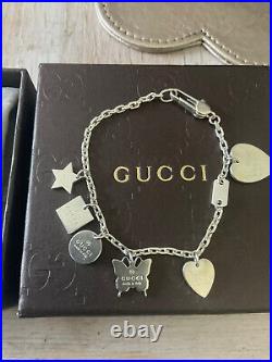 Very Rare Genuine Gucci Delicate Silver Charm Bracelet & 6 Charms Pouch & Box