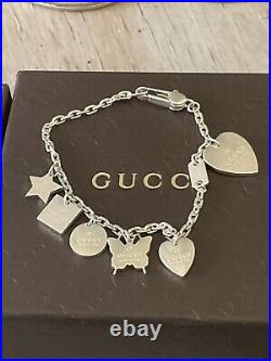 Very Rare Genuine Gucci Delicate Silver Charm Bracelet & 6 Charms Pouch & Box