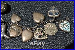 Victorian Antique Vintage Sterling Silver 925 Puffy Heart Enamel Charm Bracelet