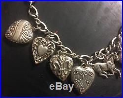 Vintage 1940 PUFFY HEART 12 Charms Bracelet STERLING SILVER Lampl-Horse-Sombrero
