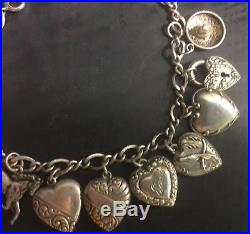 Vintage 1940 PUFFY HEART 12 Charms Bracelet STERLING SILVER Lampl-Horse-Sombrero