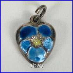 Vintage 1940's Sterling Blue Enamel Silver Puffy Heart Bracelet Charm Two Sided