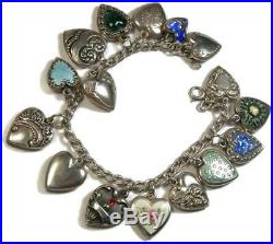 Vintage 1940's Sterling Silver Puffy Heart 16 Charm Bracelet with 8 Enamels
