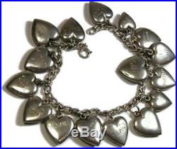Vintage 1940's Sterling Silver Puffy Heart 16 Charm Bracelet with 8 Enamels
