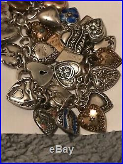 Vintage 1940's Sterling Silver Puffy Hearts Charm Bracelet 26 Charms