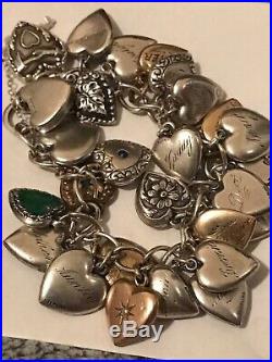 Vintage 1940's Sterling Silver Puffy Hearts Charm Bracelet 26 Charms