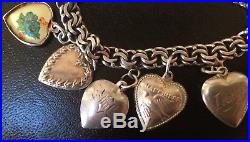 Vintage 1940's Sterling Silver Repousse Puffy Heart Charm Bracelet 12 Charms