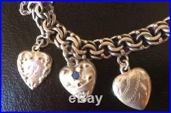 Vintage 1940's Sterling Silver Repousse Puffy Heart Charm Bracelet 12 Charms