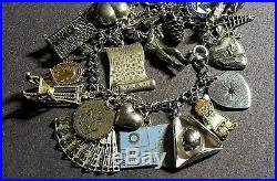 Vintage 1940s Sterling Silver Bracelet with 23 Charms, 64.8g, Loaded, 7.5 History
