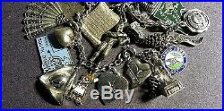 Vintage 1940s Sterling Silver Bracelet with 23 Charms, 64.8g, Loaded, 7.5 History