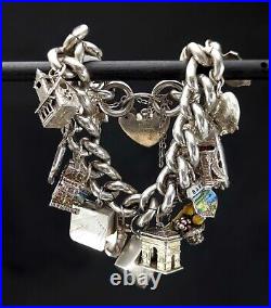 Vintage 1950s Chunky Sterling Silver Charm Bracelet 62g