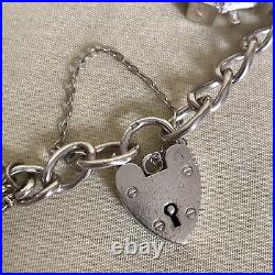 Vintage 1965 Sterling Silver Curb Link Charm Bracelet With Charms & Safety Chain