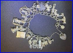 Vintage 1975 Birmingham Silver Charm Bracelet with 22 Charms inc Opening/Moving