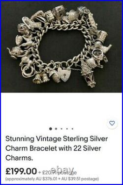 Vintage 19cm Sterling Silver Charm Bracelet 25 Charms 61 Grams Heavy