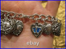Vintage 24 Sterling Silver PUFFY HEART CHARM Bracelet GUILOCHE W LAMPL ENAMELS