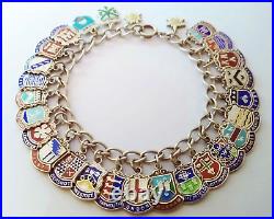 Vintage 41.4g 925 Sterling Silver Enamel Travel Shield Bracelet 27 Charms