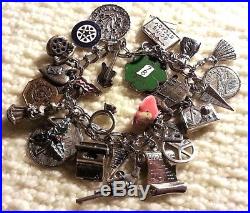 Vintage 60-70's Sterling Silver Charm Bracelet & 26 Charms, 81 grams, 7.375