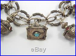 Vintage 800 Silver Etruscan Turquoise Carnelian Charm Bracelet, 7 Fobs