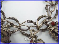 Vintage 800 Silver Etruscan Turquoise Carnelian Charm Bracelet, 7 Fobs