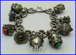 Vintage 800 Silver Italy Etruscan Glass Cabochons Ornate 9 Fob Charms Bracelet