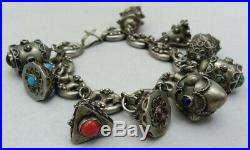 Vintage 800 Silver Italy Etruscan Glass Cabochons Ornate 9 Fob Charms Bracelet