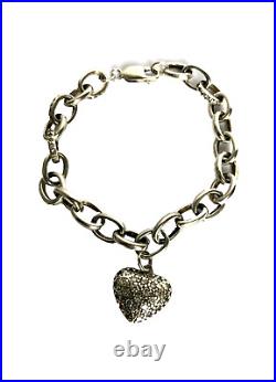 Vintage 925 Silver Chain Bracelet Cubic Zirconia Pave Heart Shape Charm Bracelet