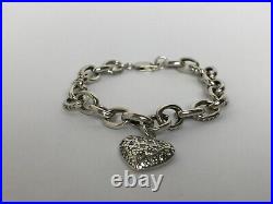 Vintage 925 Silver Chain Bracelet Cubic Zirconia Pave Heart Shape Charm Bracelet