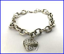 Vintage 925 Silver Chain Bracelet Cubic Zirconia Pave Heart Shape Charm Bracelet