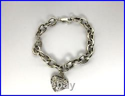 Vintage 925 Silver Chain Bracelet Cubic Zirconia Pave Heart Shape Charm Bracelet