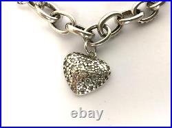 Vintage 925 Silver Chain Bracelet Cubic Zirconia Pave Heart Shape Charm Bracelet