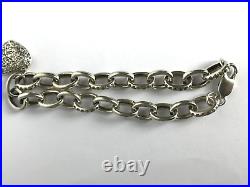 Vintage 925 Silver Chain Bracelet Cubic Zirconia Pave Heart Shape Charm Bracelet