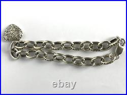 Vintage 925 Silver Chain Bracelet Cubic Zirconia Pave Heart Shape Charm Bracelet