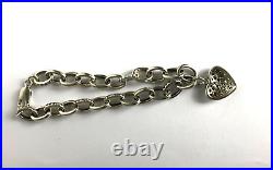 Vintage 925 Silver Chain Bracelet Cubic Zirconia Pave Heart Shape Charm Bracelet