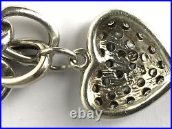 Vintage 925 Silver Chain Bracelet Cubic Zirconia Pave Heart Shape Charm Bracelet