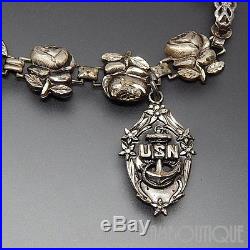 Vintage 925 Silver United States Navy Charm Rose Flowers Forget-me-not Bracelet