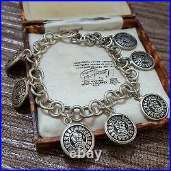 Vintage 925 Sterling Silver Bracelet, Aztec Coin Charm, 8 Long, Heavy, Boxed