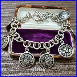 Vintage 925 Sterling Silver Bracelet, Aztec Coin Charm, 8 Long, Heavy, Boxed