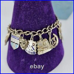 Vintage 925 Sterling Silver Charm Bracelet Enamel Bagdes 20 Charms 7 Long 40g