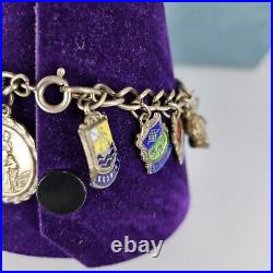 Vintage 925 Sterling Silver Charm Bracelet Enamel Bagdes 20 Charms 7 Long 40g