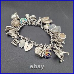 Vintage 925 Sterling Silver Charm Bracelet Heart Padlock 20 Charms London 1978