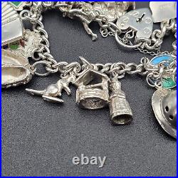 Vintage 925 Sterling Silver Charm Bracelet Heart Padlock 20 Charms London 1978