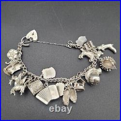 Vintage 925 Sterling Silver Charm Bracelet Heart Padlock 20 Charms London 1978