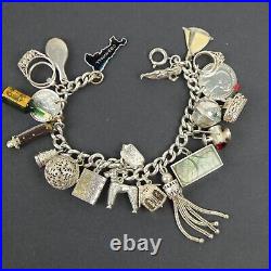 Vintage 925 Sterling Silver Charm Bracelet and 21 Charms 3 & 6 pence coins